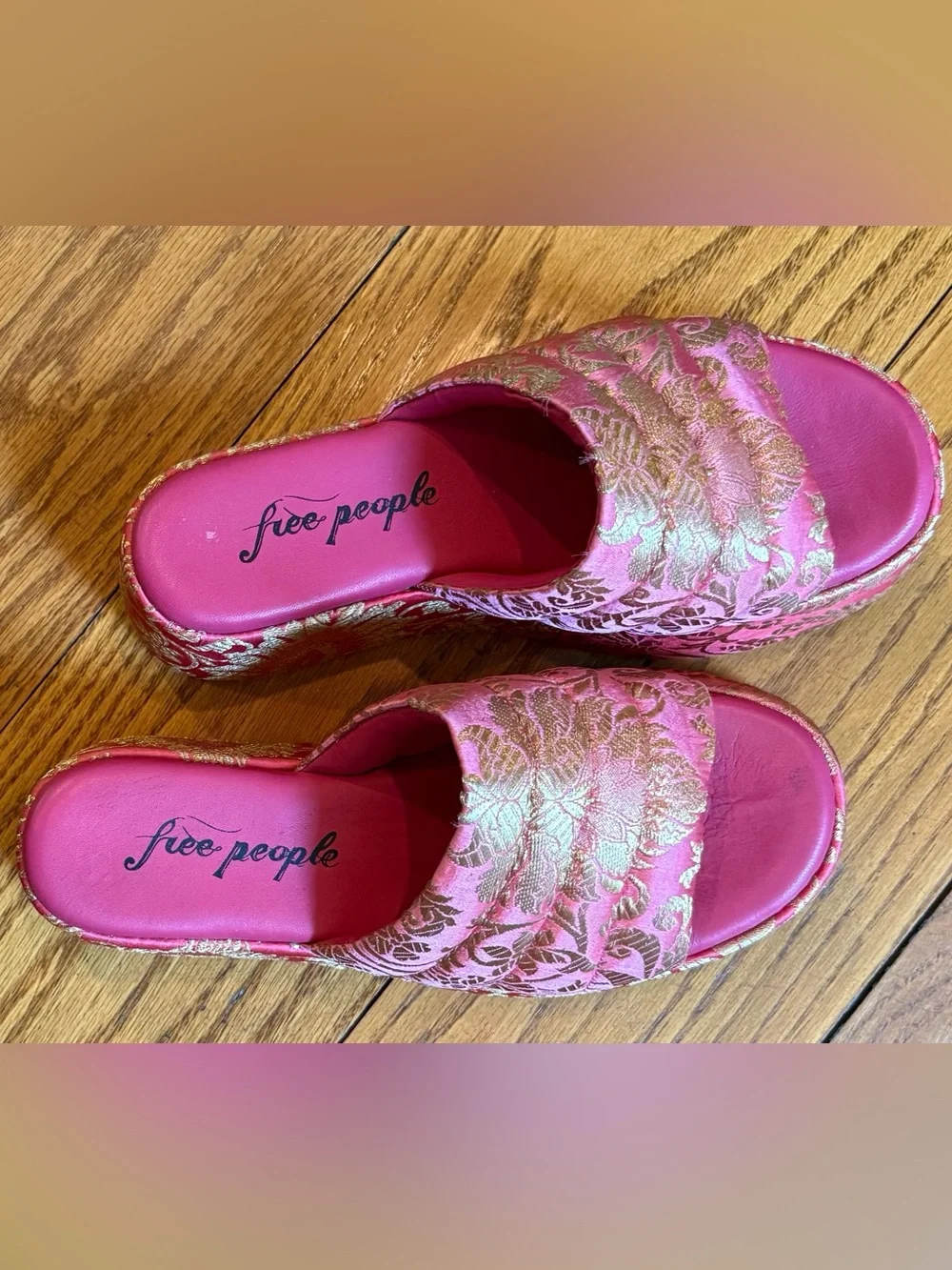 Free People Pink Gold Brocade Slide Sandals